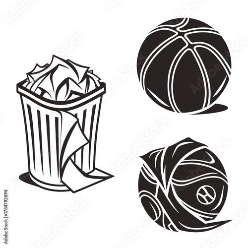 Basketball trash can and crumpled paper ball with basketball