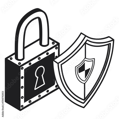 Security concept with a padlock and a shield icon