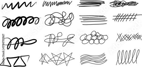 Set of abstract hand-drawn scribbles and doodle lines in black ink, including loops, zigzags, curves, circles, and sketchy shapes for artistic and design decoration.