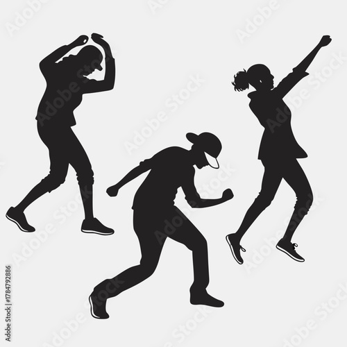 Silhouettes of three people dancing and celebrating with energetic movements