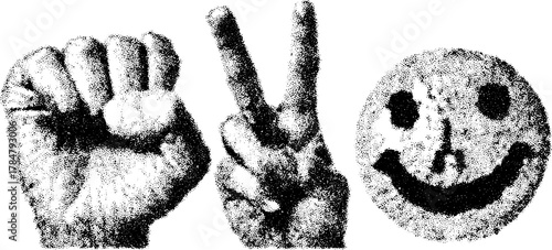 Hands showing a fist, peace sign, and smiley face. Simple black and white vector illustration set with a monochrome texture.