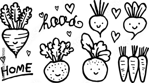 Hand-drawn carrot and root vegetable doodles in black and white. Simple vector illustrations in a set.