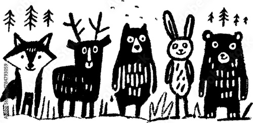 Animal silhouettes in a hand-drawn style featuring a fox, deer, rabbit, and bear in a simple black vector illustration set.