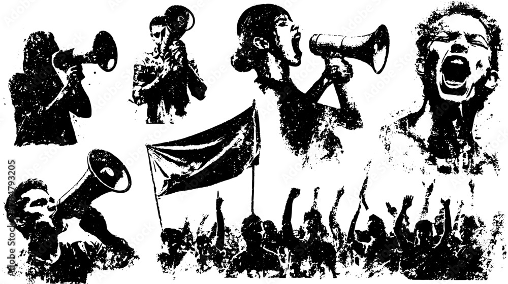 Obraz premium Illustration set featuring individuals using megaphones and vocal expressions. Black and white vector art capturing dynamic activism and powerful messages.