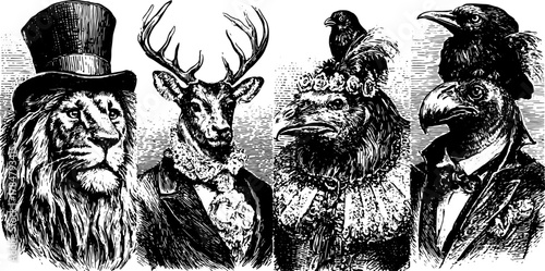 Antique engraving featuring a lion, deer, and birds. Hand-drawn black outline. Vintage style artwork in an elegant set for vector illustration.