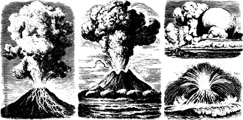 Volcano eruption with black smoke and ash in silhouette. Hand-drawn vector illustration showing geological activity in vintage style.