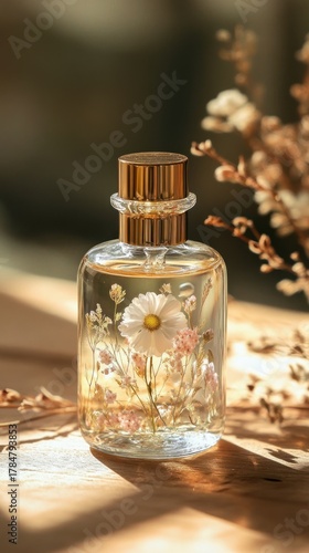 Wallpaper Mural Floral Infusion: Perfume Bottle with Daisy and Delicate Pink Flowers in Golden Light Torontodigital.ca
