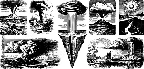 Illustrations of volcanic eruptions in black silhouette. Vintage vector prints depict various natural landscapes in an engaging illustration set.