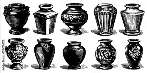 Set of decorative vases in detailed ceramic illustration. Elegant black pottery vector art showcasing unique shapes and craftsmanship.