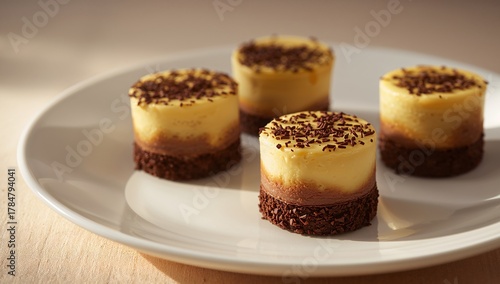 Wallpaper Mural Cylindrical Desserts, Layered Colors, and Textured Toppings on a Simple White Plate. Torontodigital.ca