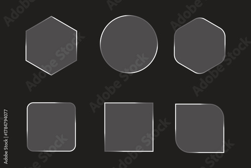 Collection of six distinct geometric  glass frames shapes with subtle white outlines on a dark background