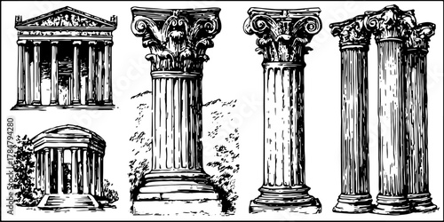 Engraved columns and pillars showcasing intricate designs. Vintage architectural elements in black outline, ideal for a vector illustration set.