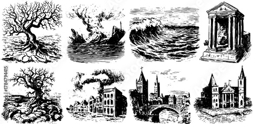 Vintage illustrations of trees, boats, and landscapes. Black and white outline drawings as a vector set featuring scenic views and architecture.