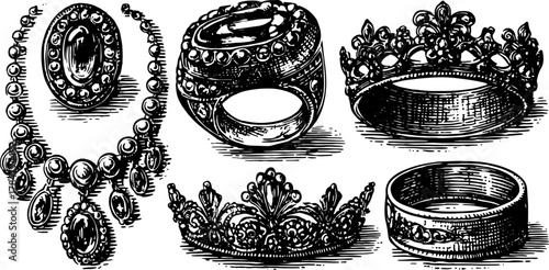 Vintage jewelry set illustration featuring necklaces, rings, and crowns. Hand-drawn with detailed engravings in black, this is a striking vector artwork.
