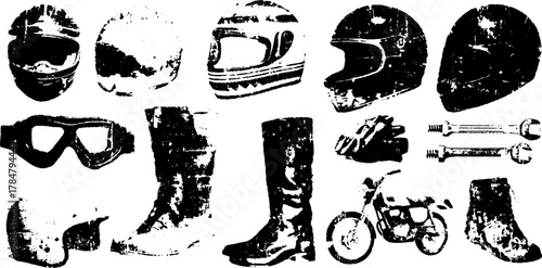 Motorcycle gear illustration featuring helmets, boots, gloves, and goggles in vintage black and white style. This vector set showcases essential racing accessories.