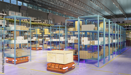 Automated warehouse uses robotic systems to transport wooden and cardboard boxes on smart platforms. Modern logistics and storage technology for industrial supply chain.