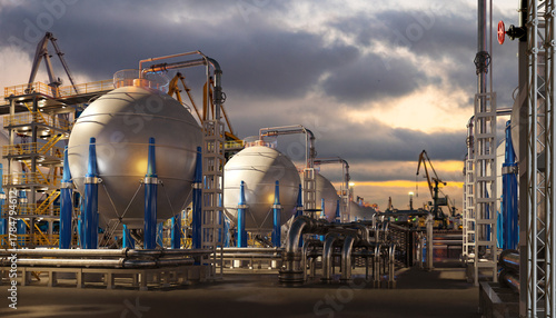 Petrochemical plant operates spherical gas storage tanks and metal pipelines. Industrial facility for processing, storage, and distribution of oil and chemical products.
