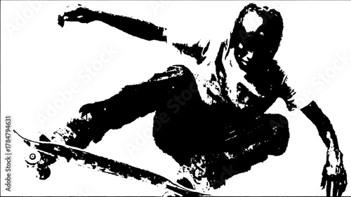 Skateboarder in mid-air jump captured in a dynamic vector illustration. This action-packed graphic highlights the sport's culture and style.
