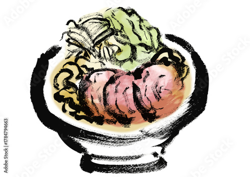 二郎系ラーメンの和風の筆書きイラスト
