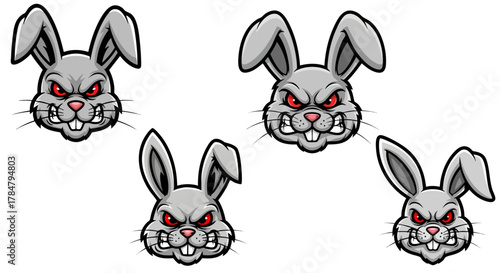 Angry cartoon rabbit heads with red eyes and sharp teeth on a black background