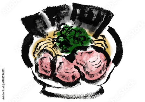 家系ラーメンの和風の筆書きイラスト