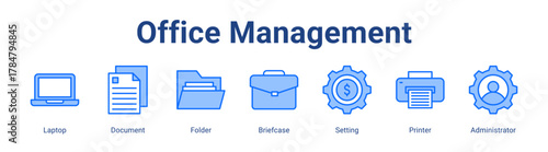 Office Management web icon vector illustration concept with icon of Laptop, Document, Folder, Briefcase, Setting, Printer, Administrator