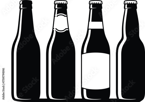 Four beer bottles in black and white vector illustration design