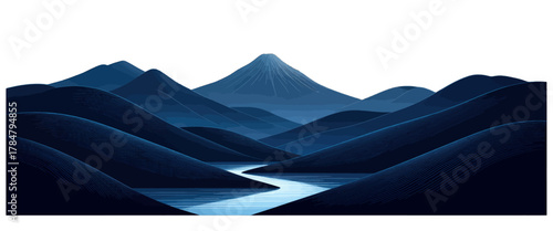 Blue mountain landscape with winding river illustration
