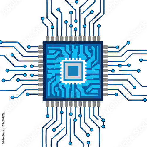 Modern microchip with intricate circuitry design isolated on transparent background