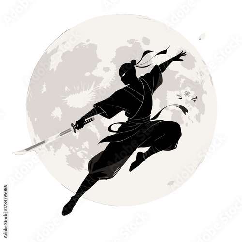 Ninja silhouette leaping with sword against moonlit night