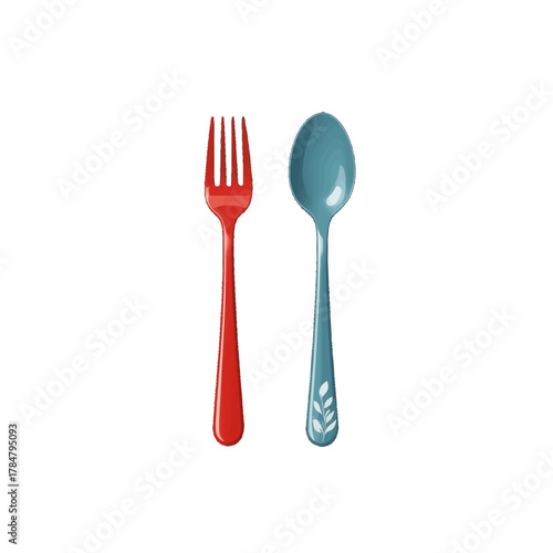Red Fork and Blue Spoon with Leaf Design Isolated