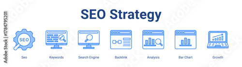 Seo Strategy web icon vector illustration concept with icon of Seo, Keywords, Search Engine, Backlink, Analysis, Bar Chart, Growth