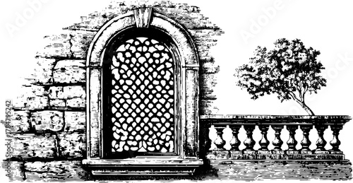 Vintage window drawing with detailed stone wall and balcony design. Features a tree silhouette in this vector illustration.
