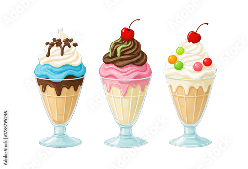 Three Colorful Ice Cream Sundaes with Cherries and Toppings