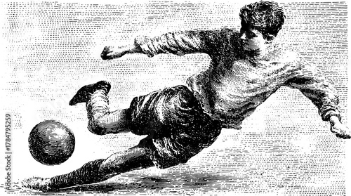 Soccer player in action, kicking a ball. Vintage outline vector illustration captures dynamic movement in a classic sports set.