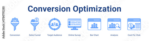 Conversion Optimization web icon vector illustration concept with icon of Conversion, Sales Funnel, Target Audience, Online Survey, Bar Chart, Analysis, Cost Per Click