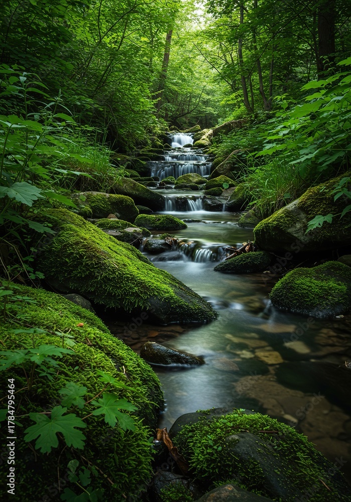 Obraz premium A tranquil natural brook flows gently over smooth river stones, surrounded by lush green moss and foliage in a serene forest environment ,clear ,stones ,untouched