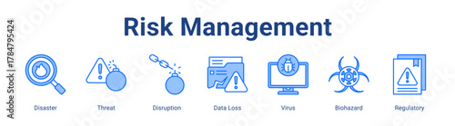 Risk Management web icon vector illustration concept with icon of Disaster, Threat, Disruption, Data Loss, Virus, Biohazard, Regulatory