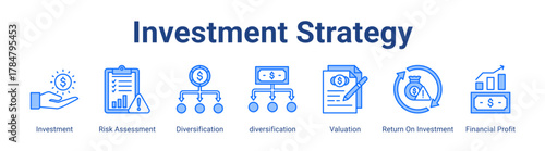 Investment Strategy web icon vector illustration concept with icon of Investment, Risk Assessment, Diversification, diversification, Valuation, Return On Investment, Financial Profit