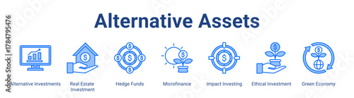 Alternative Assets web icon vector illustration concept with icon of Alternative Investments, Real Estate Investment, Hedge Funds, Microfinance, Impact Investing, Ethical Investment, Green Economy