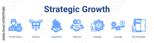 Strategic Growth web icon vector illustration concept with icon of Private Equity, buyouts, acquisition, alliances, Strategic, Leverage, Exit Strategies