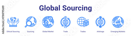 Global Sourcing web icon vector illustration concept with icon of Ethical Sourcing, Sourcing, Global Market, Trade, Trades, Arbitrage, Emerging Markets