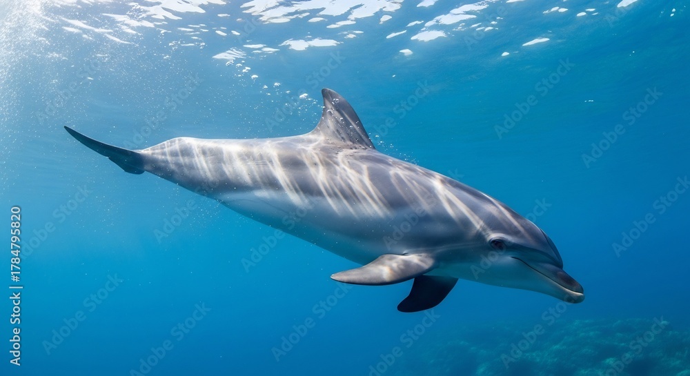 Naklejka premium A dolphin swims underwater with sunlight dappling its body