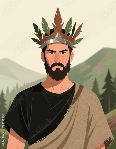 Bearded Warrior with Leaf Crown in Ancient Attire
