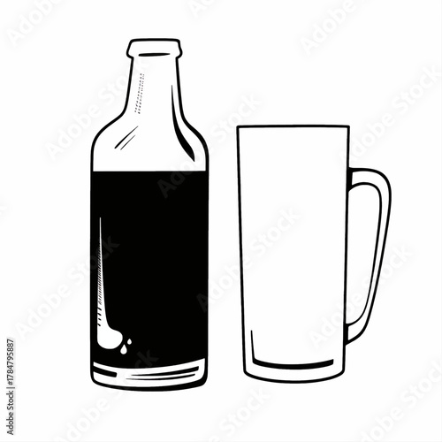 Black beer bottle beside empty mug isolated on white