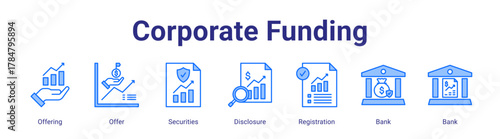 Corporate Funding web icon vector illustration concept with icon of Offering,Offer,Securities,Disclosure,Registration,Bank,Bank