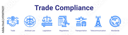 Trade Compliance web icon vector illustration concept with icon of Trade,Antitrust Law,Legislation,Regulations,Transportation,Telecommunication,Worldwide