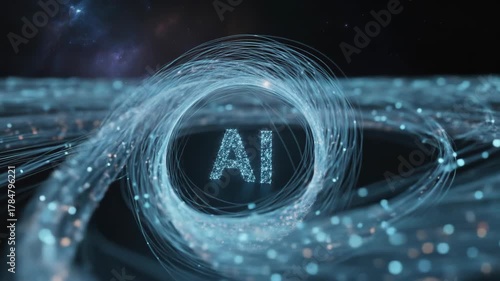 Abstract Digital Representation of Artificial Intelligence with Glowing Blue Particles Swirling in a Dark Cosmic Background
