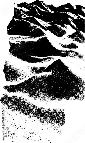 Sand dunes in a flat landscape. Black and white vector illustration showcases natural contours and wave patterns in a minimalist design.