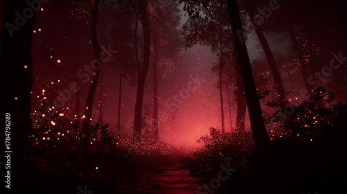 Mystical Forest with Glowing Red Particles and Fog